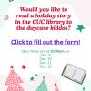 Flyer depicting holiday trees and books advertising storytime. 