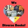 Red background with "We love diverse books" text and books in a heart