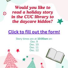 Flyer depicting holiday trees and books advertising storytime. 