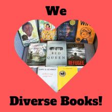 Red background with "We love diverse books" text and books in a heart