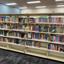 Bookshelf with books in library