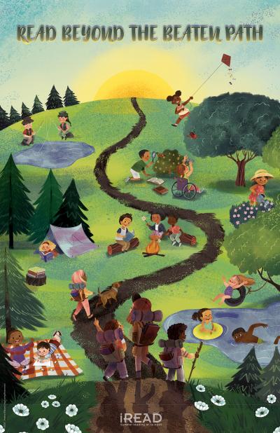 Illustration of a winding path through a park with people participating in a variety of outdoor activities.