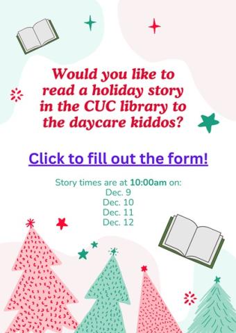 Flyer depicting holiday trees and books advertising storytime.