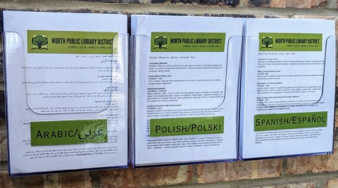 Flyers translated into Spanish, Polish, and Arabic.