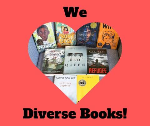 Red background with "We love diverse books" text and books in a heart