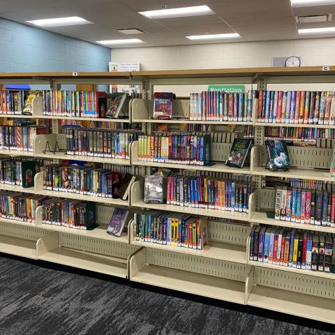 Bookshelf with books in library