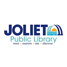 Joliet Public Library logo with emblem, and read, explore, ask, and discover
