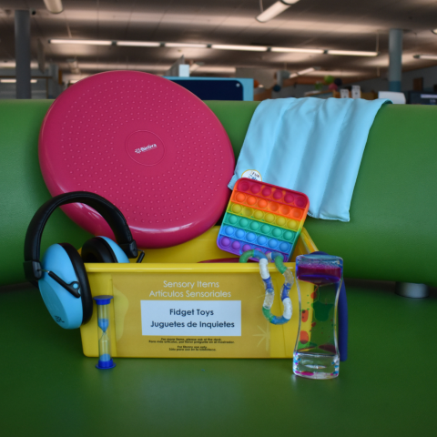 Sensory kit with various items like fidget toys. 