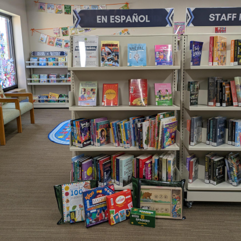 Spanish materials on a library bookshelf.