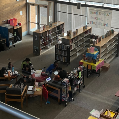 Group of students in library.