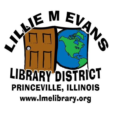 Lillie M Evans Library District, Princeville, Illinois, www.lmelibrary.org, brown door and world drawing